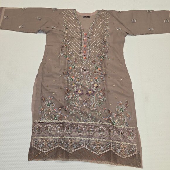Pakistani Embroidered Tan Traditional Desi Outfit 3 Piece Straight Suit Size L - Picture 2 of 8